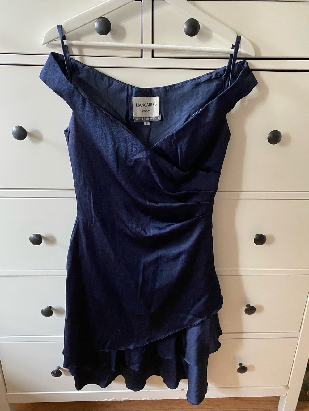 Liancarlo Navy Off-Shoulder Spaghetti Strap Dress